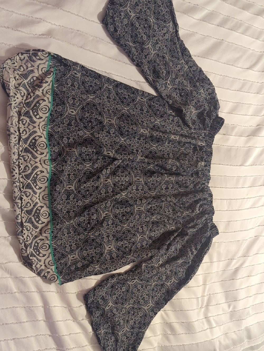 Tacera Navy and White Paisley Smocked Waist Top
